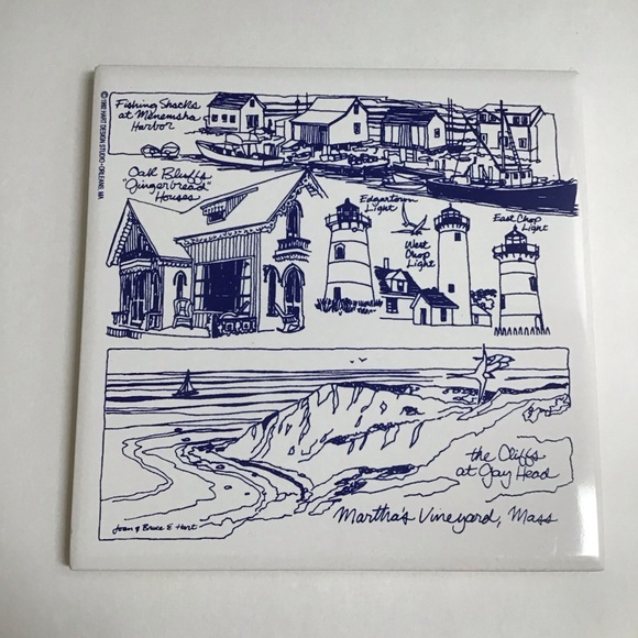 Martha’s Vineyard Mass Tile Trivet Joan & Bruce Hart Blue White 6x6" 1992 Art MA - Picture 4 of 7